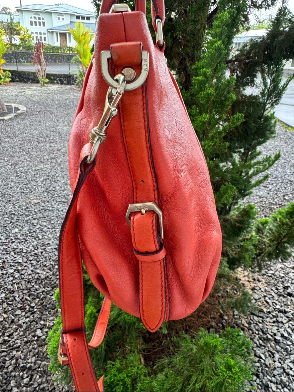 MCM Coral Red Embossed Leather Satchel Shoulder Bag Crossbody - Picture 4 of 12